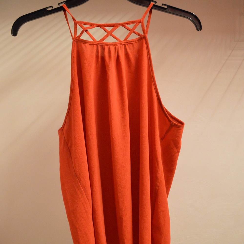 Monteau red orange sleeveless blouse with cut-out collar detail